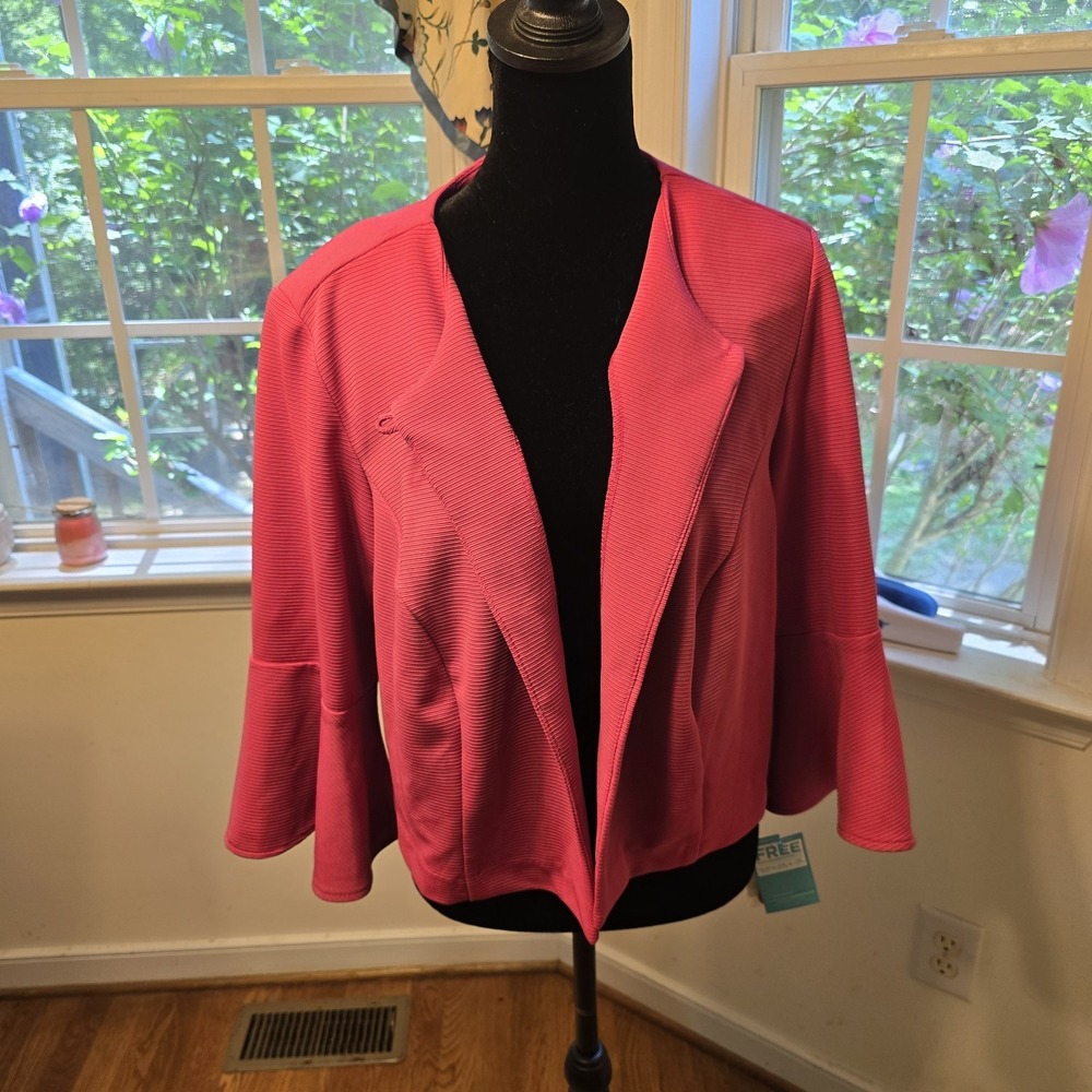 Danny And Nicole Open Front Blazer‎ Bell Sleeve Textured Knit Pink Plus Size 18W - Picture 2 of 10